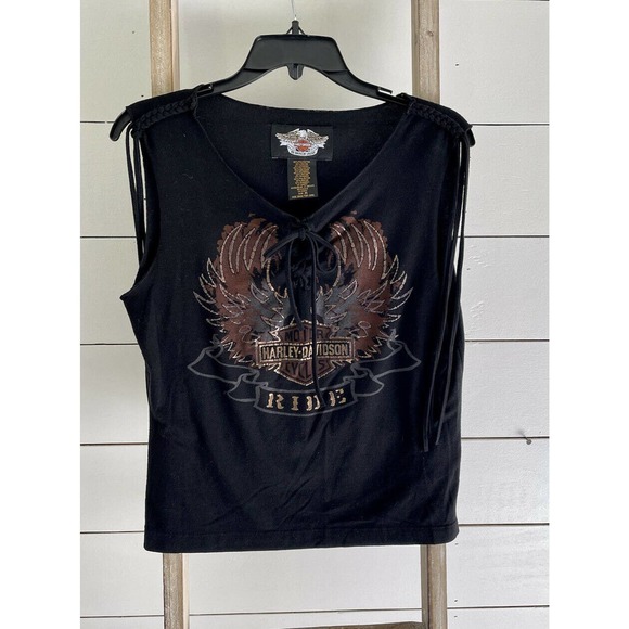 Harley-Davidson Tops - Harley Davidson Womens Lace Up Black Tank Top With Braided/Gold Details Size M